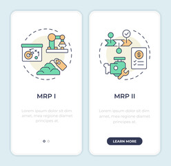 MRP onboarding mobile app screen. Industrial planning. Walkthrough 2 steps editable graphic instructions with linear concepts. UI, UX, GUI template. Montserrat SemiBold, Regular fonts used