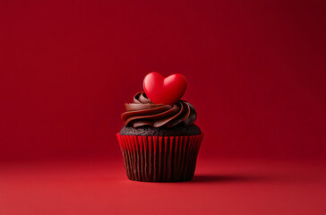 Chocolate cupcake muffin with a red heart on a red background. Design flat lay template for love, sweets, poster, and cards for party, birthday and Valentine's day with place for text.