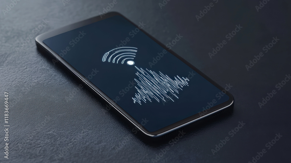 Poster smartphone displaying a wireless signal on a dark surface.