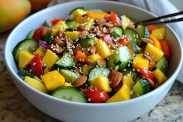 A lively mango salad featuring a mix of vegetables toasted almonds and sesame seeds