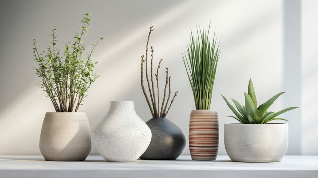 Chic vases of various shapes, including vintage and contemporary styles, paired with trendy planters on a minimalist surface in a modern home setting