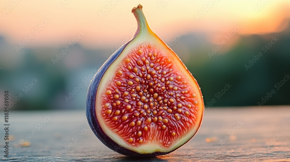 Poster transformation of fig seeds and flesh into standard form nature still life outdoor setting close-up 
