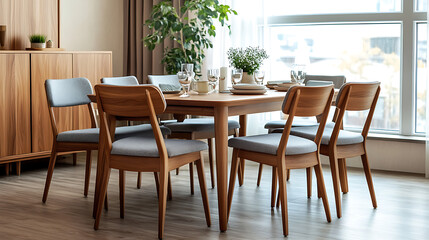 Wooden setted dining table and chairs in scandinavian interior design of modern dining room with window