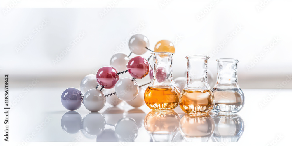 Poster molecules and glass flasks with colorful liquids in laboratory setting