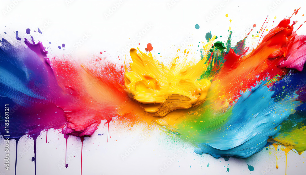 Poster a vibrant splash of colorful paint creating an energetic and dynamic visual effect on a white backgr