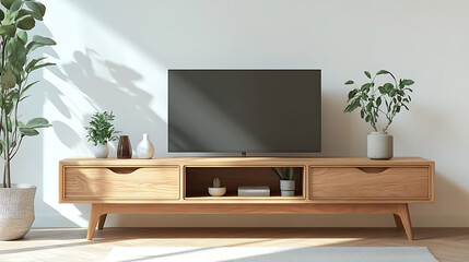 Wooden tv unit in spacious room, scandinavian home interior design of modern living room
