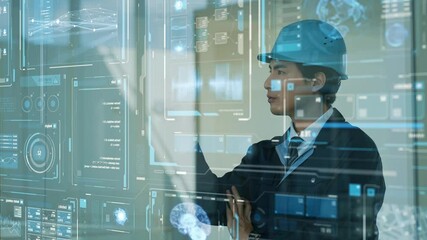 engineer, worker, dx, digital, screen, data, control panel, management, safety, monitoring, factory, manufacturing, construction, industry, gui, hud, vr, interface, hologram, transformation, future, h - Powered by Adobe