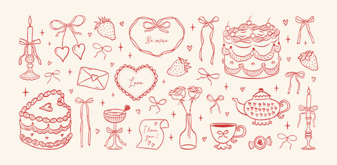 Set of hand drawn coquette elements for Valentines day, wedding invitation, birthday card. Cute girly bows, hearts, ribbons, cherry, cake, heart frame, strawberry. Vintage elegant vector illustration.