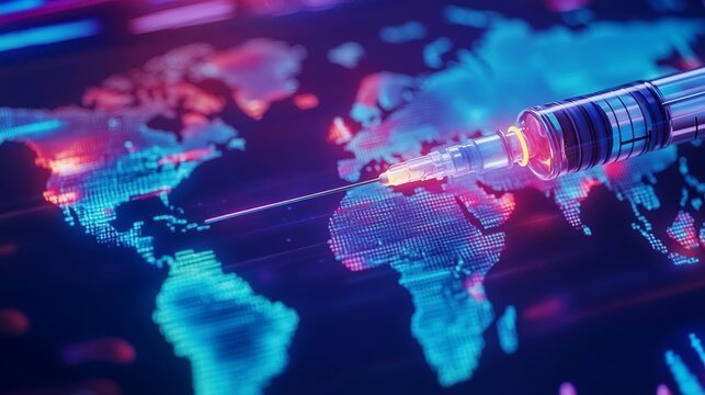 A syringe poised over a digital map, symbolizing global vaccination efforts.