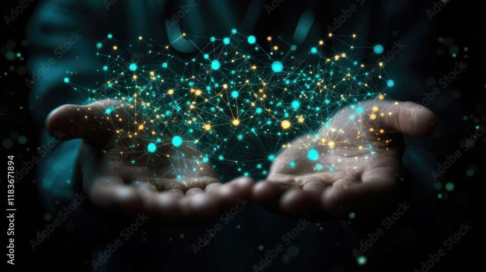Aufkleber glowing particles held in open hands, representing digital network and innovation