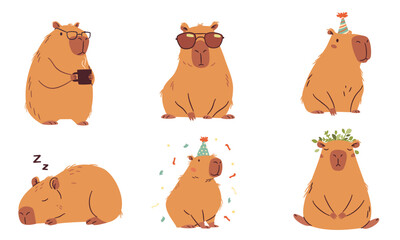 A set of flat vector illustrations in a simple children's style. Cute capybaras in different poses, meditates, wearing sunglasses, office worker and others . Vector illustration