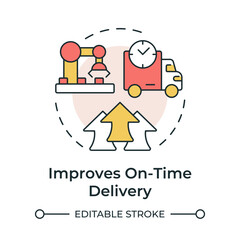 Improves on time delivery multi color concept icon. Shipment deadlines coordination. Benefit of MRP II. Round shape line illustration. Abstract idea. Graphic design. Easy to use in article