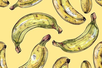 Seamless pattern Vibrant Hand-Drawn Bananas on Yellow Background.