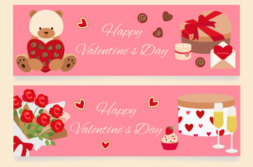 Fototapeta premium Festive set of elements for Valentine's Day. Flat style. Vector graphics.
