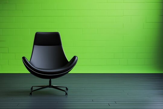 A TV studio with a green backdrop and a black chair