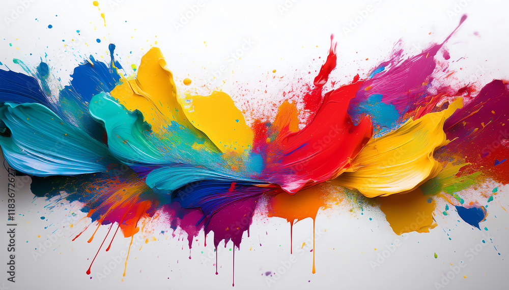 Poster a vibrant splash of color blending blues, yellows, reds, and pinks, creating an artistic and dynamic