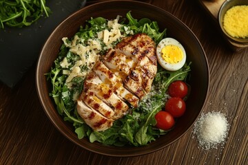 A vibrant Caesar salad featuring tasty chicken greens egg parmesan and cherry tomatoes served on a wooden surface Includes oil salt and pepper Ideal for a healt