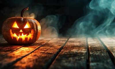 Glowing Halloween pumpkin with menacing face in dark, foggy setting