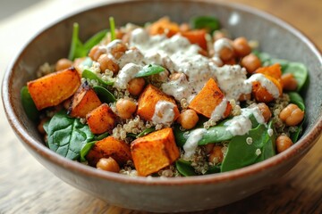 A wholesome quinoa salad featuring spiced chickpeas sweet potato fresh spinach and creamy yogurt dressing