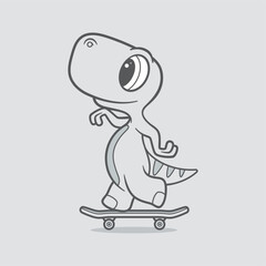 Vector template little dinosaur cartoon character skateboarding. On a gray background.