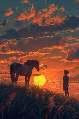 Fototapeta premium A serene sunset scene featuring a child and a horse atop a grassy hill against a vibrant sky.