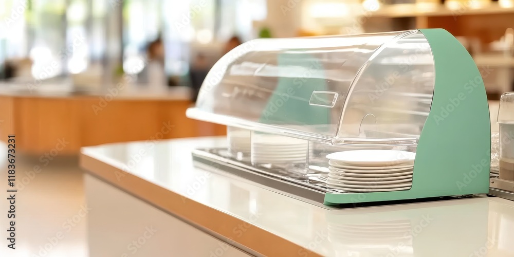 Poster clear display case with plates in a modern cafe setting.