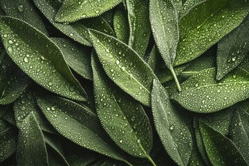 Fototapeta premium Abstract background of sage leaves with water droplets viewed from above