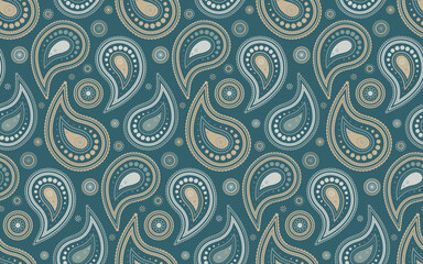 Elegant teal paisley pattern.  Seamless design featuring ornate teardrop shapes and circles in muted beige and green tones. Perfect for textiles, wallpaper, and website backgrounds.
