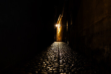 Night view of an alley in an alsatian town