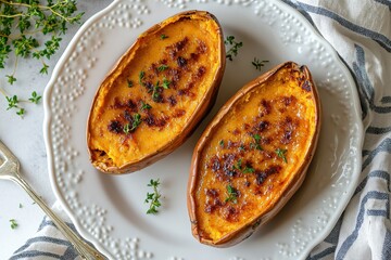 Aerial shot of cr&egrave;me br&ucirc;l&eacute;e made with sweet potato on a white dish showcasing the dessert