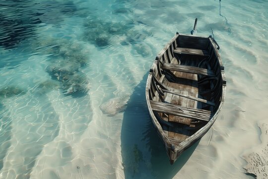 A serene view of a wooden boat anchored in crystal clear waters, surrounded by soft sandy seabeds beneath.