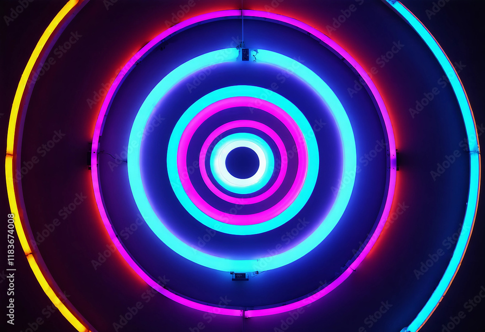 Poster vibrant concentric neon rings glow in the dark creating a mesmerizing circular light display the mul