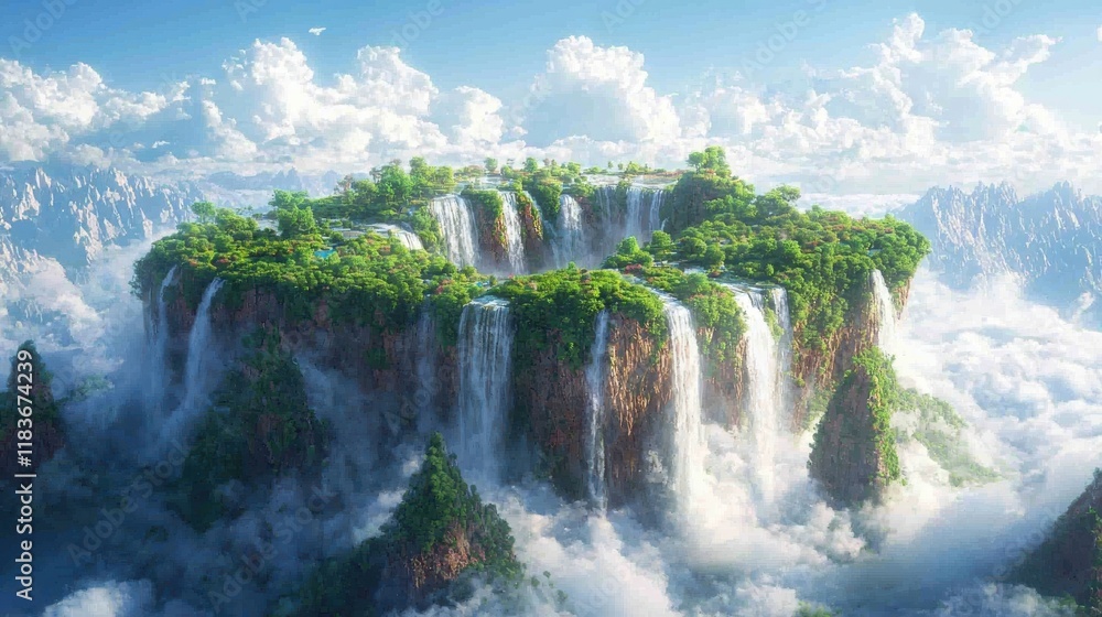 Poster cascading waterfalls flowing from a surreal floating island in a dreamlike landscape