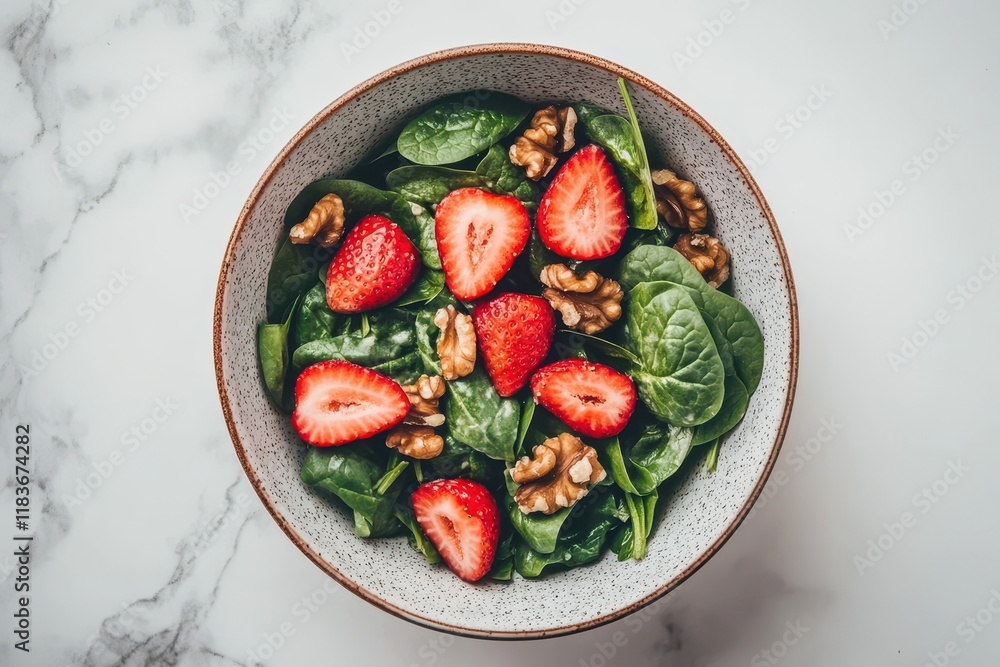 Canvas Prints Aerial view of salad with spinach strawberries and walnuts