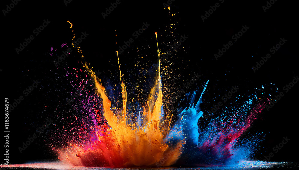 Poster a vibrant explosion of colorful powders against a dark background, creating a striking visual effect