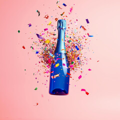vibrant blue champagne bottle on a soft pink background with confetti and colorful shards exploding out from the top. The scene is playful, energetic, and festive, capturing a sense of celebration  