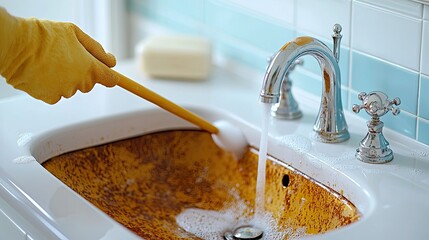 Cleaning person removing rust stains from sink with brush and soap