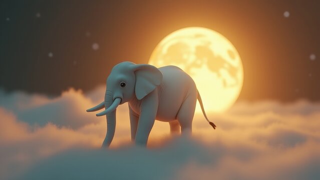 Minimalist photo of a white elephant symbolizing Queen MayaТs dream, floating in a celestial setting with glowing tones. Buddha, Buddhism, Birth and early years of the Buddha,