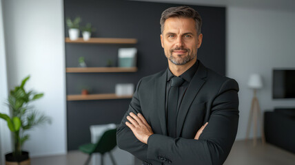 Fototapeta premium Professional man in black suit with arms crossed in modern office
