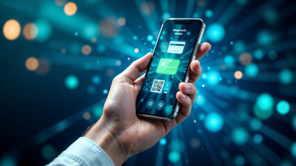 Digital wallet application displayed on smartphone with various icons and technology background