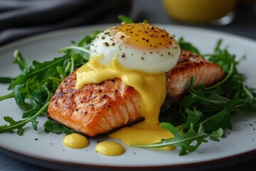 Benedict egg and arugula topped with salmon