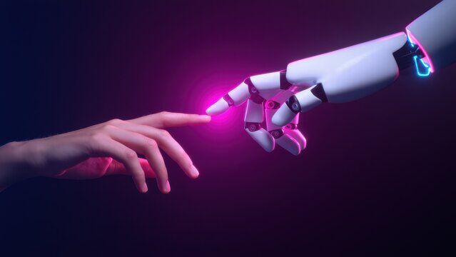 Symbolic interaction of human and AI hands, glowing with neon light, in a futuristic holographic world representing unity and collaboration