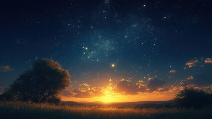 Radiant star shines brighter than the rest, casting golden light over constellations and serene landscapes, symbolizing direction and hope