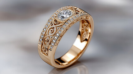 High resolution image of 3D diamond ring with intricate design and gold band