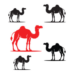 camel in desert set vector silhouette black and red color on white background. 