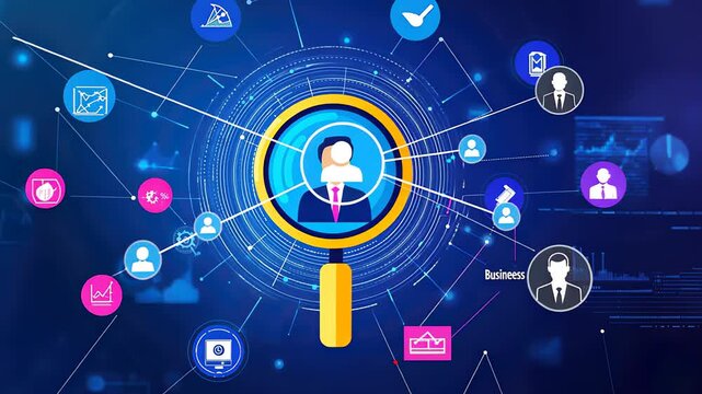 HRM or Human Resource Management, Magnifier glass focus to manager icon which is among staff icons for human development recruitment leadership and customer target. resume, interview.
