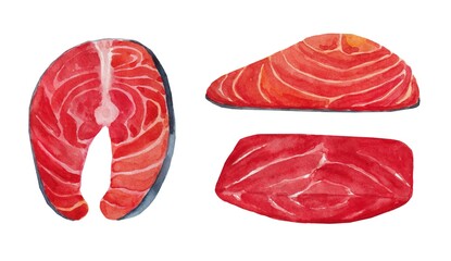 Watercolor illustration of a fillet of red fish. Steak and salmon fillet