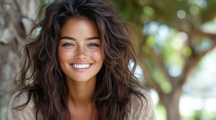 Obraz premium Smiling woman with long, wavy hair in natural outdoor setting