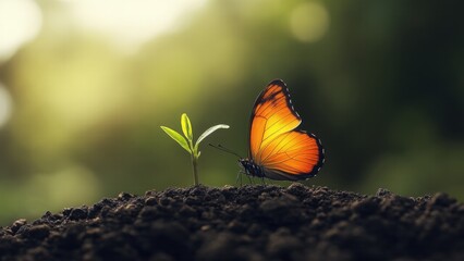 Butterfly lands on a sprouting seedling growing from a cracked stone, symbolizing resilience and growth in challenging business environments