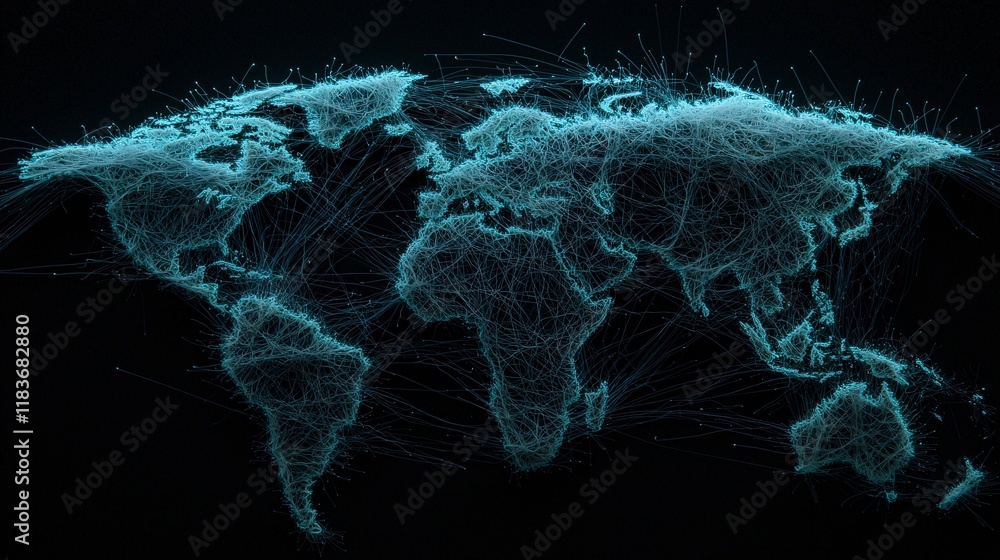 Poster network pathways displayed on a digital map representing cargo movement across continents